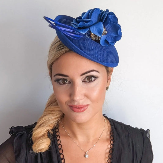 Royal cobalt blue flower disc saucer fascinator hat House of Hats
