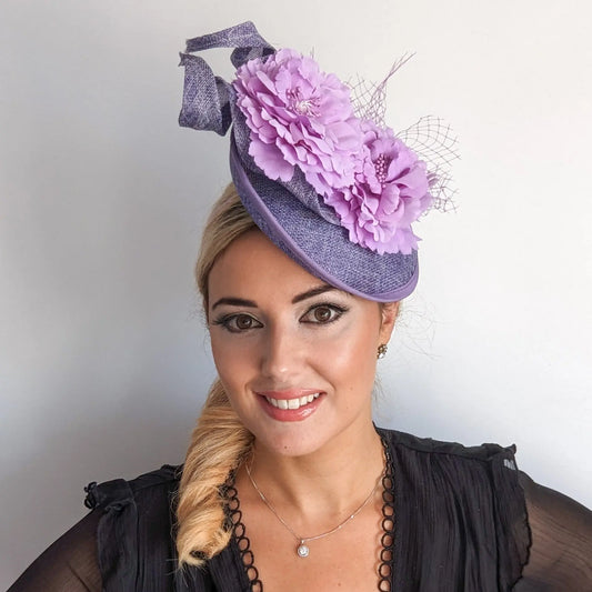 Lavender lilac purple flower fascinator disc saucer hat House of Hats