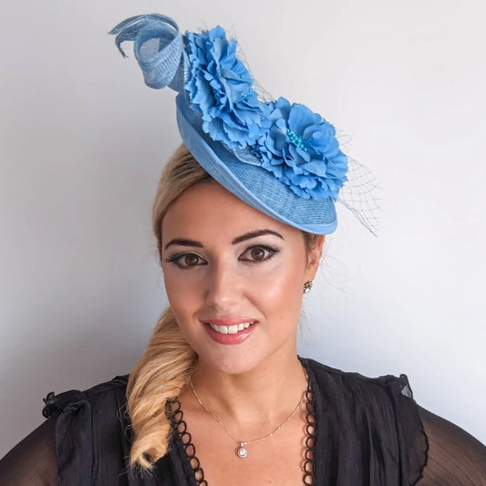 Light cornflower blue flower fascinator disc saucer hat House of Hats