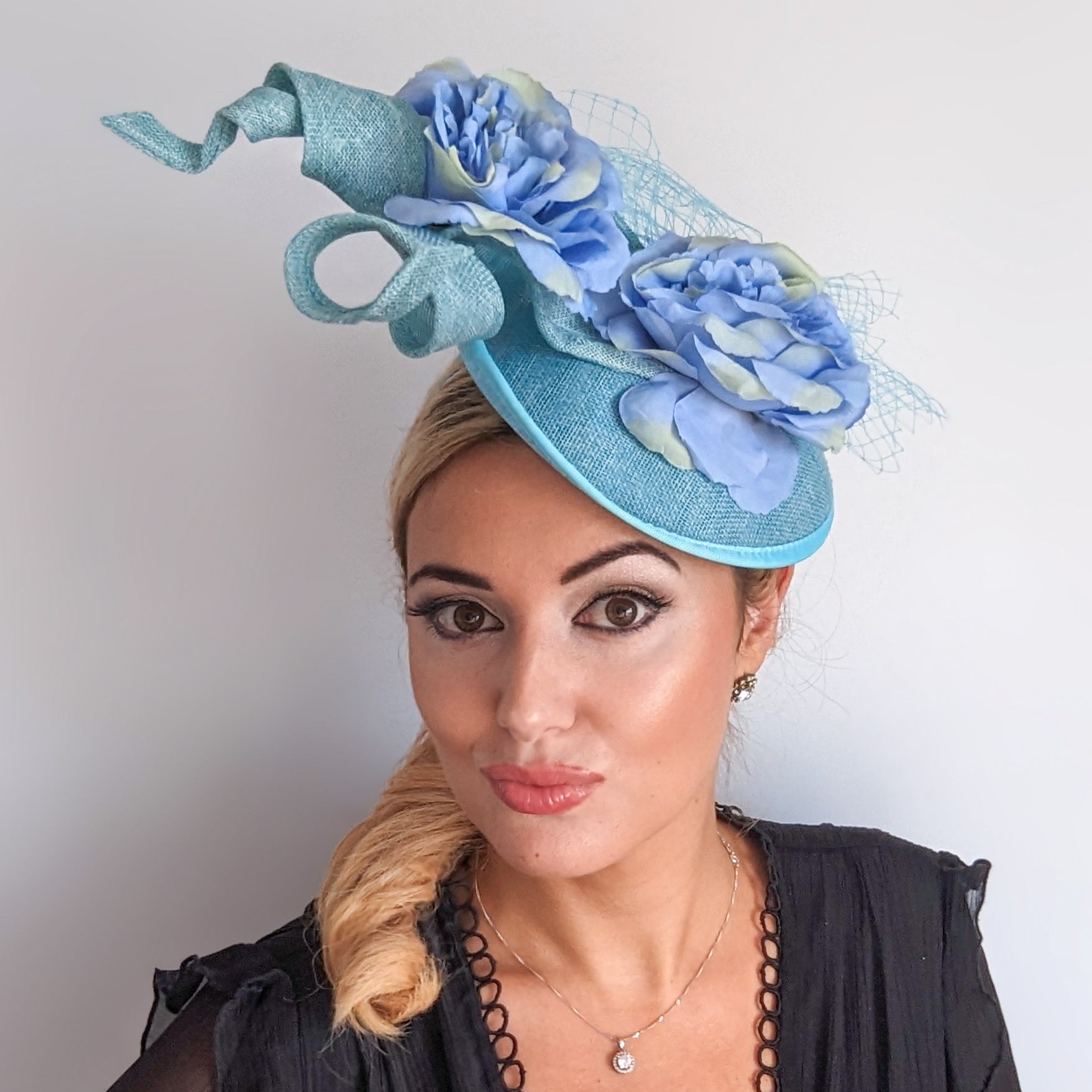 Aqua sky blue flower fascinator disc saucer hat