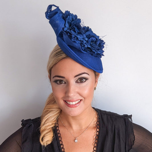 Royal cobalt blue flower fascinator disc saucer hat