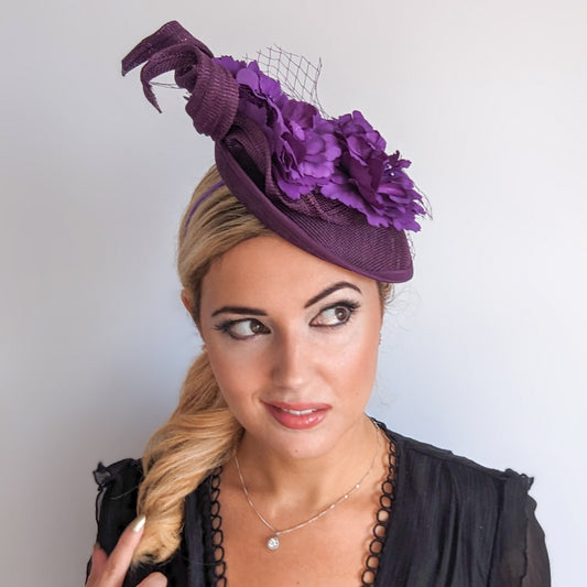 Dark plum purple flower fascinator disc saucer hat
