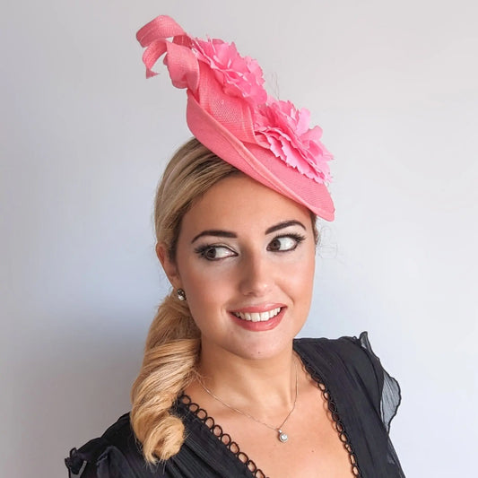 Pink flower fascinator disc saucer hat House of Hats