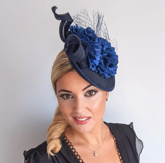 Navy blue flower fascinator disc saucer hat House of Hats