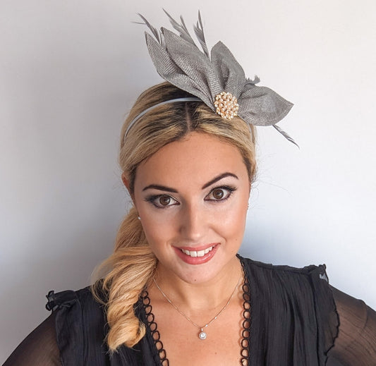 Silver shimmer feather petal fan fascinator hat