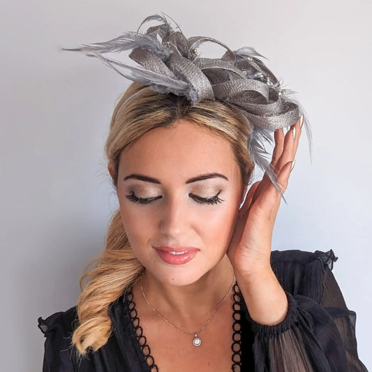 Silver shimmer crystal feather fascinator hat House of Hats