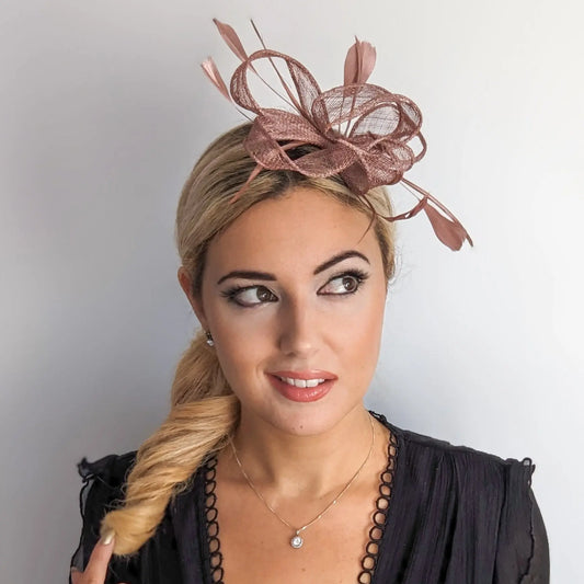 Rose gold shimmer feather fascinator hat House of Hats