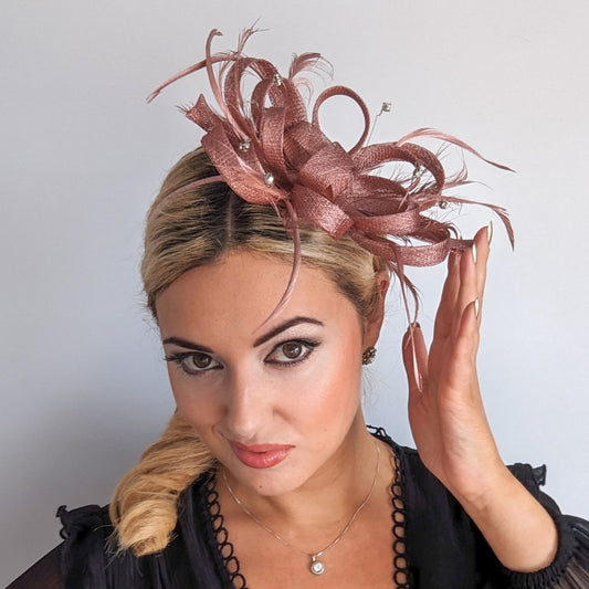 Rose gold shimmer crystal feather fascinator hat