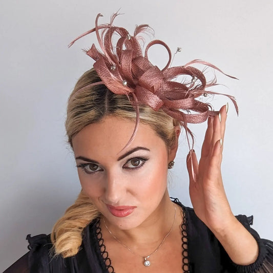 Rose gold shimmer crystal feather fascinator hat House of Hats