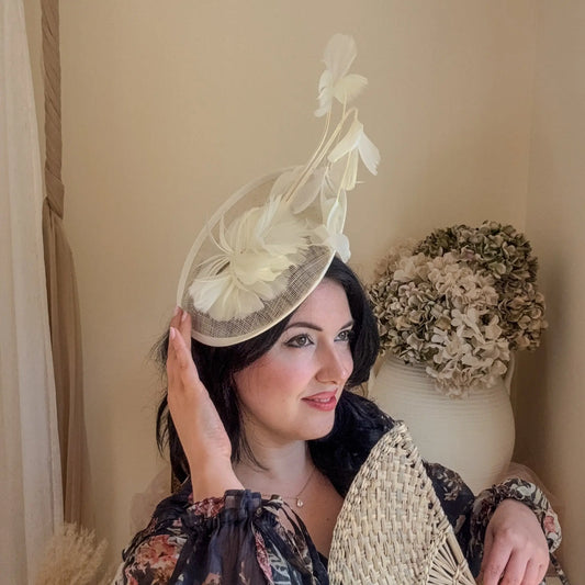 Cream feather disc fascinator House of Hats