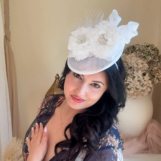 White flower disc fascinator for women House of Hats