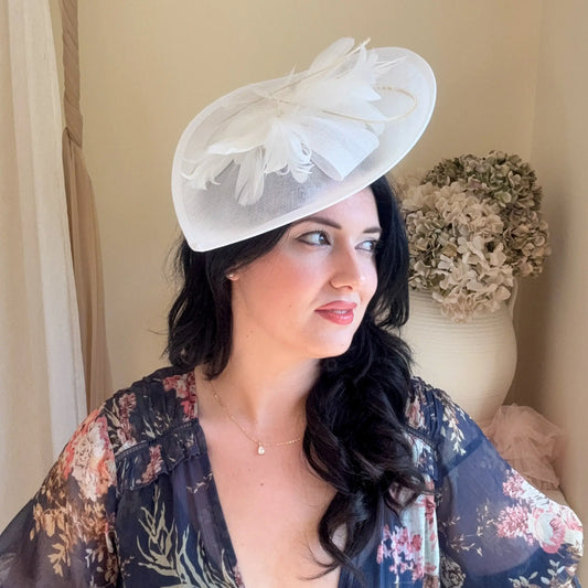 White Teardrop Fascinator Hat with Feathers House of Hats