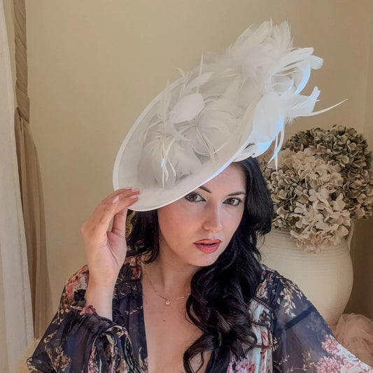 White feather large saucer disc fascinator hat House of Hats