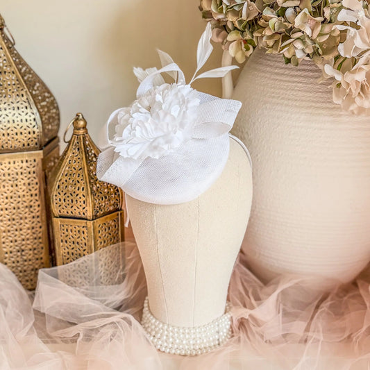 White feather flower fascinator hat House of Hats
