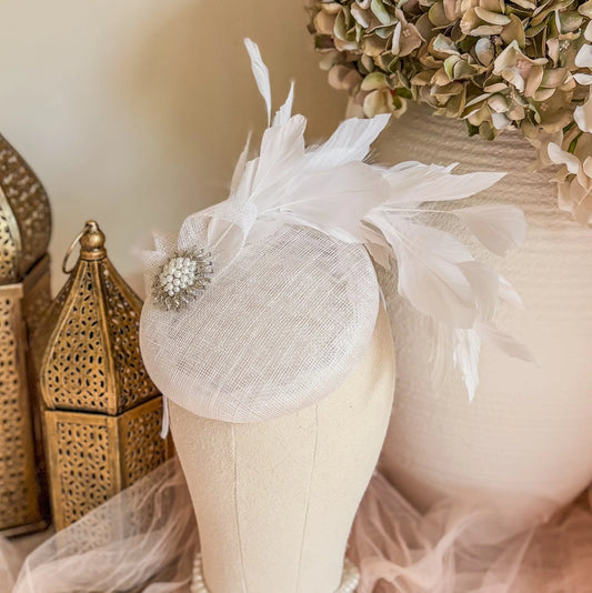 White Pearl Fascinator Hat with Feathers House of Hats