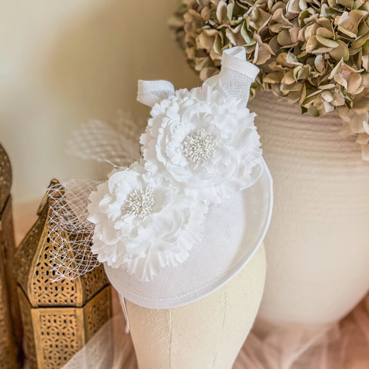 White flower disc fascinator for women House of Hats