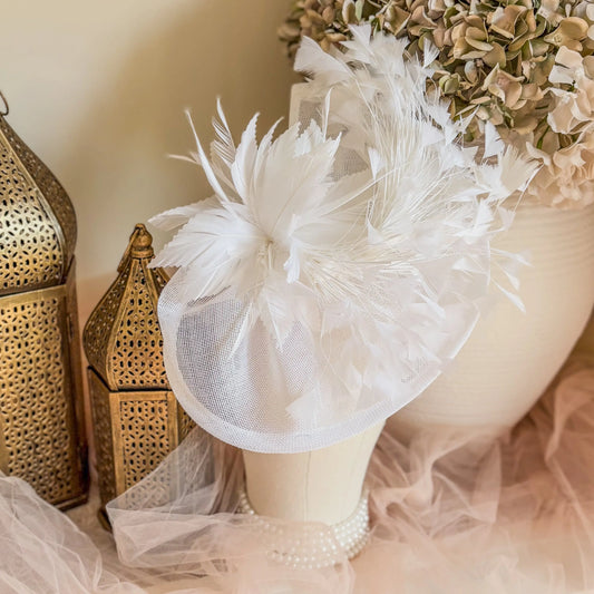 White feather large teardrop fascinator hat House of Hats