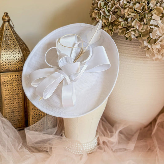 White Disc Fascinator Hat with Feather House of Hats
