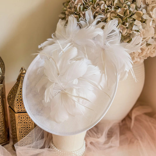 White feather large saucer disc fascinator hat House of Hats