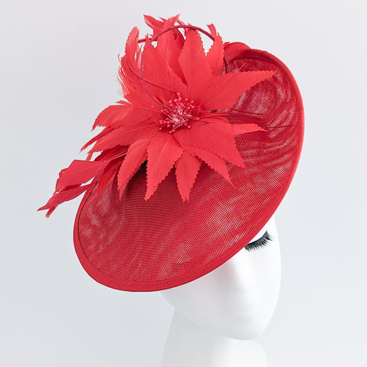Red large feather saucer disc fascinator hat