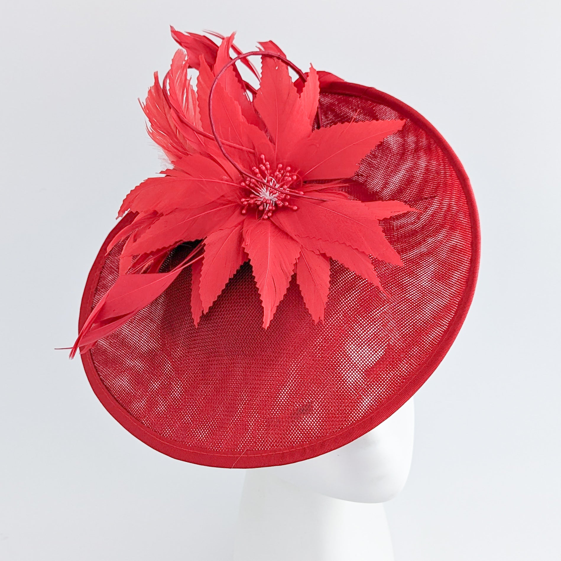 Red large feather saucer disc fascinator hat