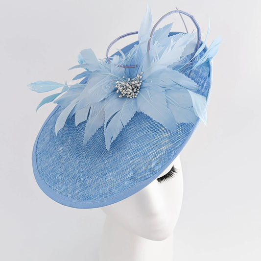 Light cornflower blue large feather saucer disc fascinator hat House of Hats