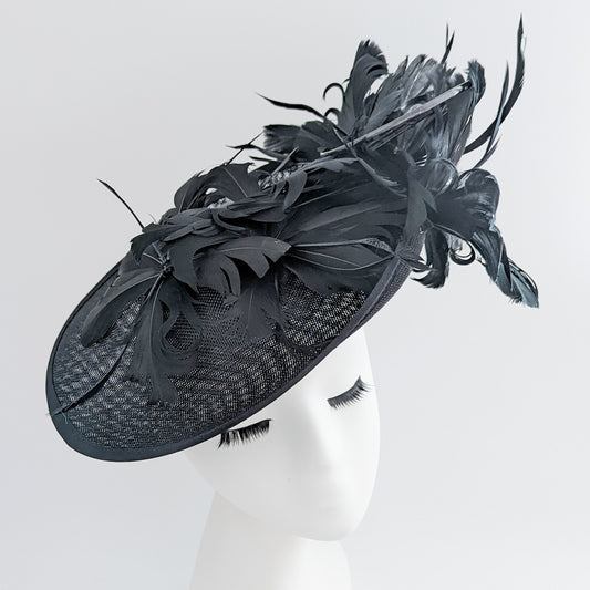 Black feather large saucer disc fascinator hat