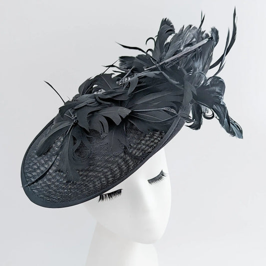 Black feather large saucer disc fascinator hat House of Hats