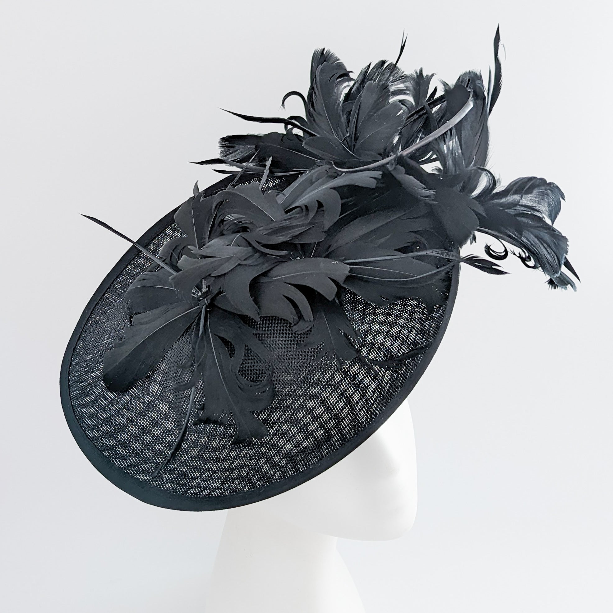Black feather large saucer disc fascinator hat