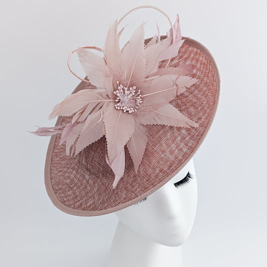 Blush pink large feather saucer disc fascinator hat