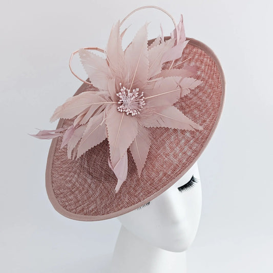 Blush pink large feather saucer disc fascinator hat House of Hats