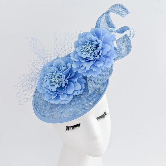 Light cornflower blue flower fascinator disc saucer hat House of Hats
