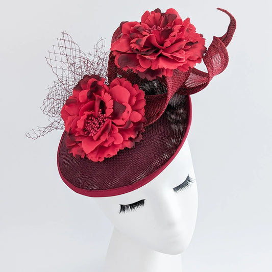 Burgundy flower fascinator disc saucer hat House of Hats