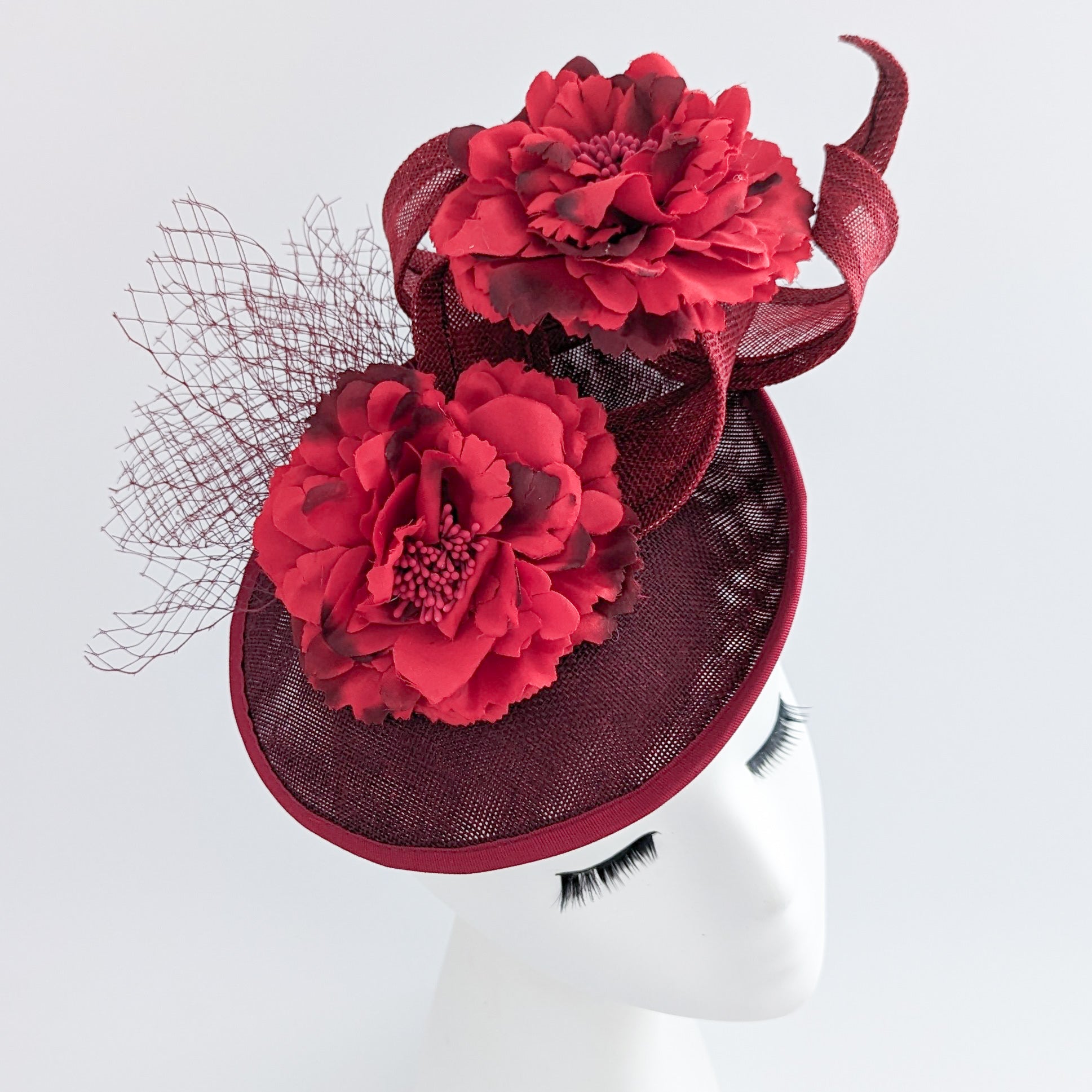 Burgundy flower fascinator disc saucer hat