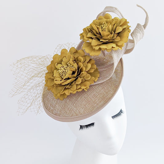 Caramel beige flower fascinator disc saucer hat