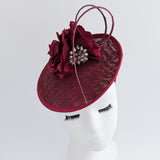 Burgundy flower disc saucer fascinator hat