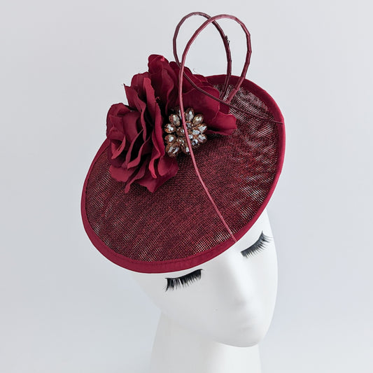 Burgundy flower disc saucer fascinator hat