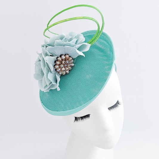 Seafoam mint green flower disc saucer fascinator hat House of Hats