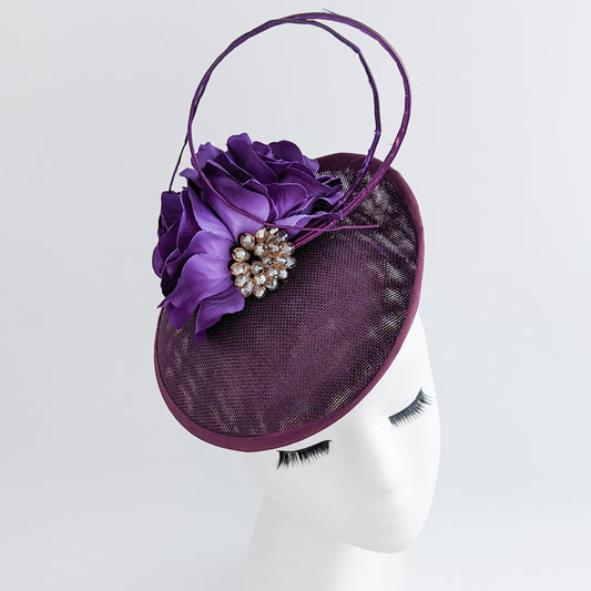 Dark plum purple flower disc saucer fascinator hat