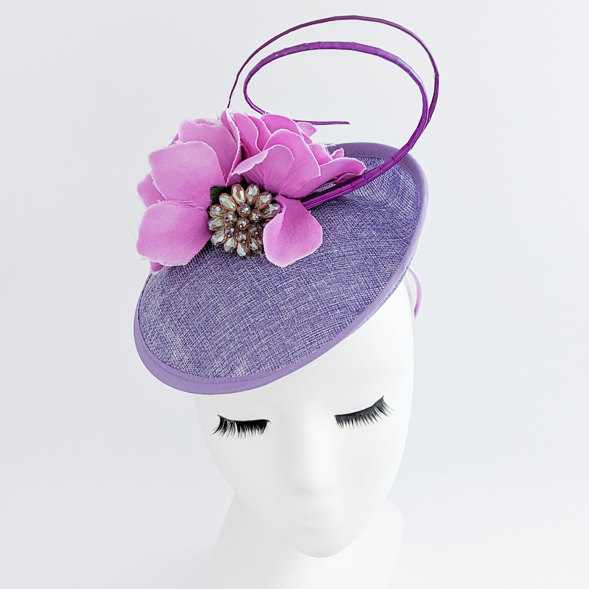 Lavender light purple flower disc saucer fascinator hat