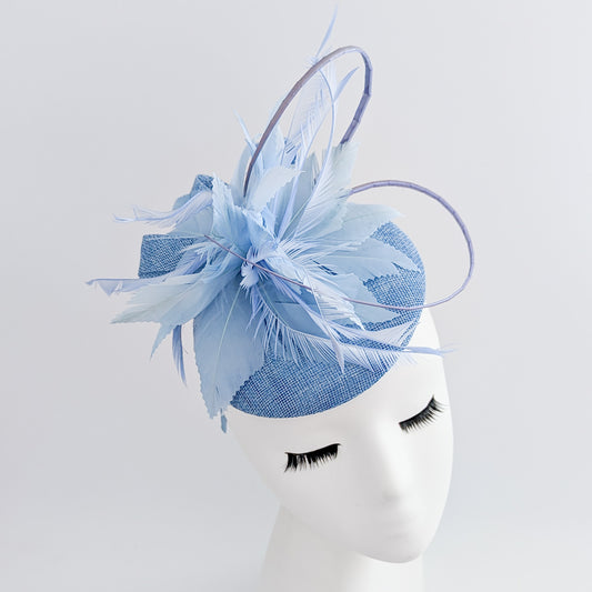 Light cornflower blue feather fascinator hat