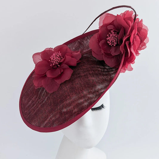 Burgundy large flower saucer disc fascinator hat House of Hats
