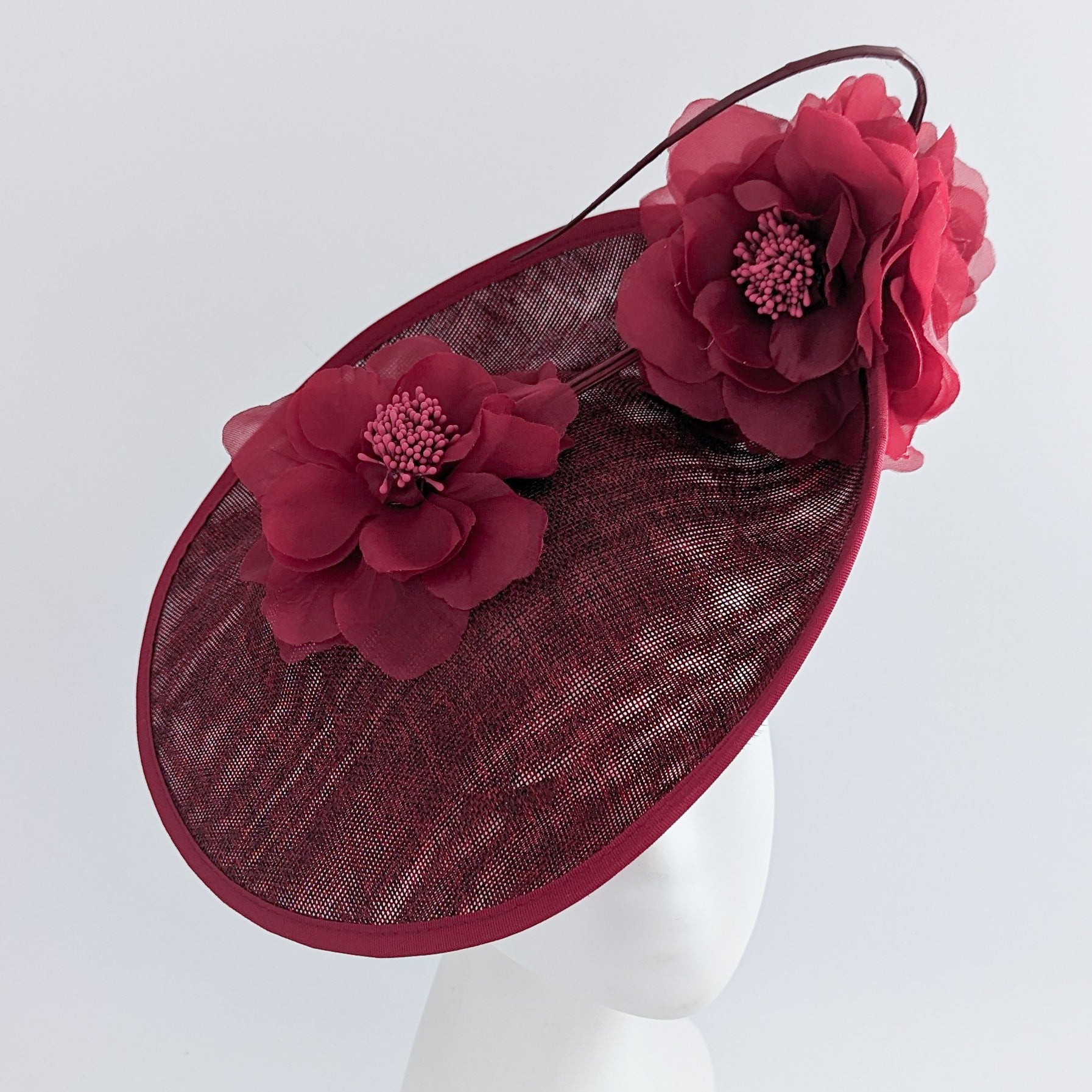 Burgundy large flower saucer disc fascinator hat