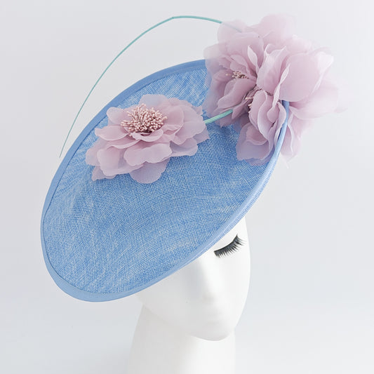 Light cornflower blue and pink large flower saucer disc fascinator hat
