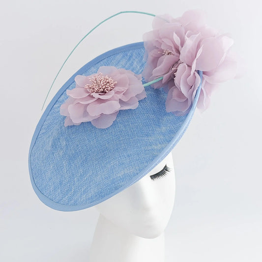 Light cornflower blue and pink large flower saucer disc fascinator hat House of Hats