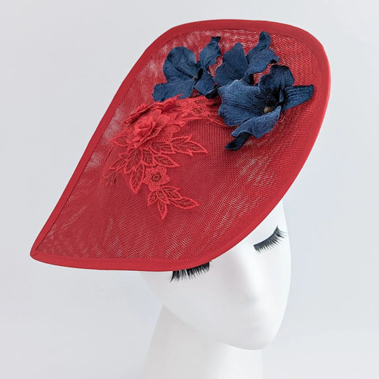 Red and navy large teardrop flower fascinator hat House of Hats