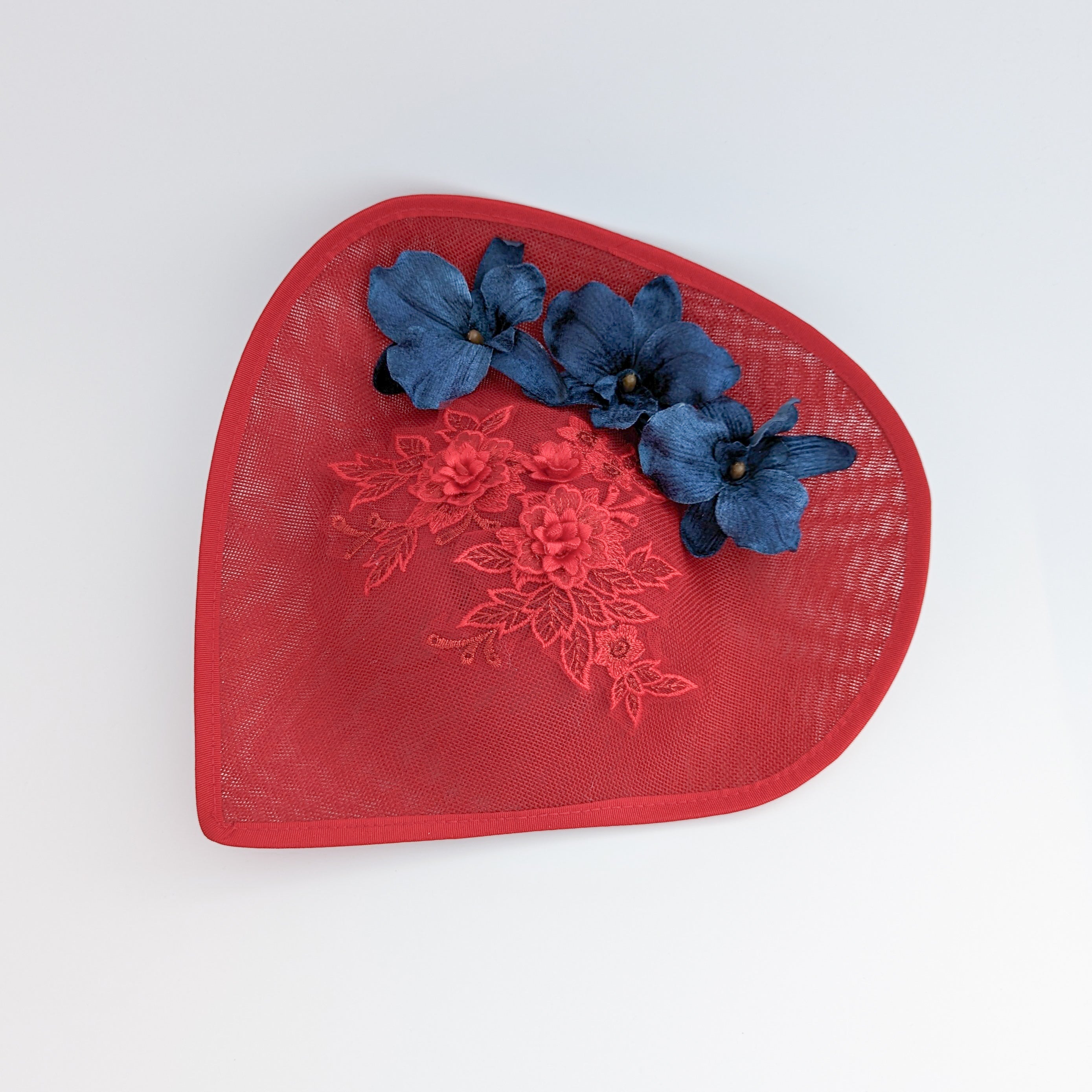 Red and navy large teardrop flower fascinator hat