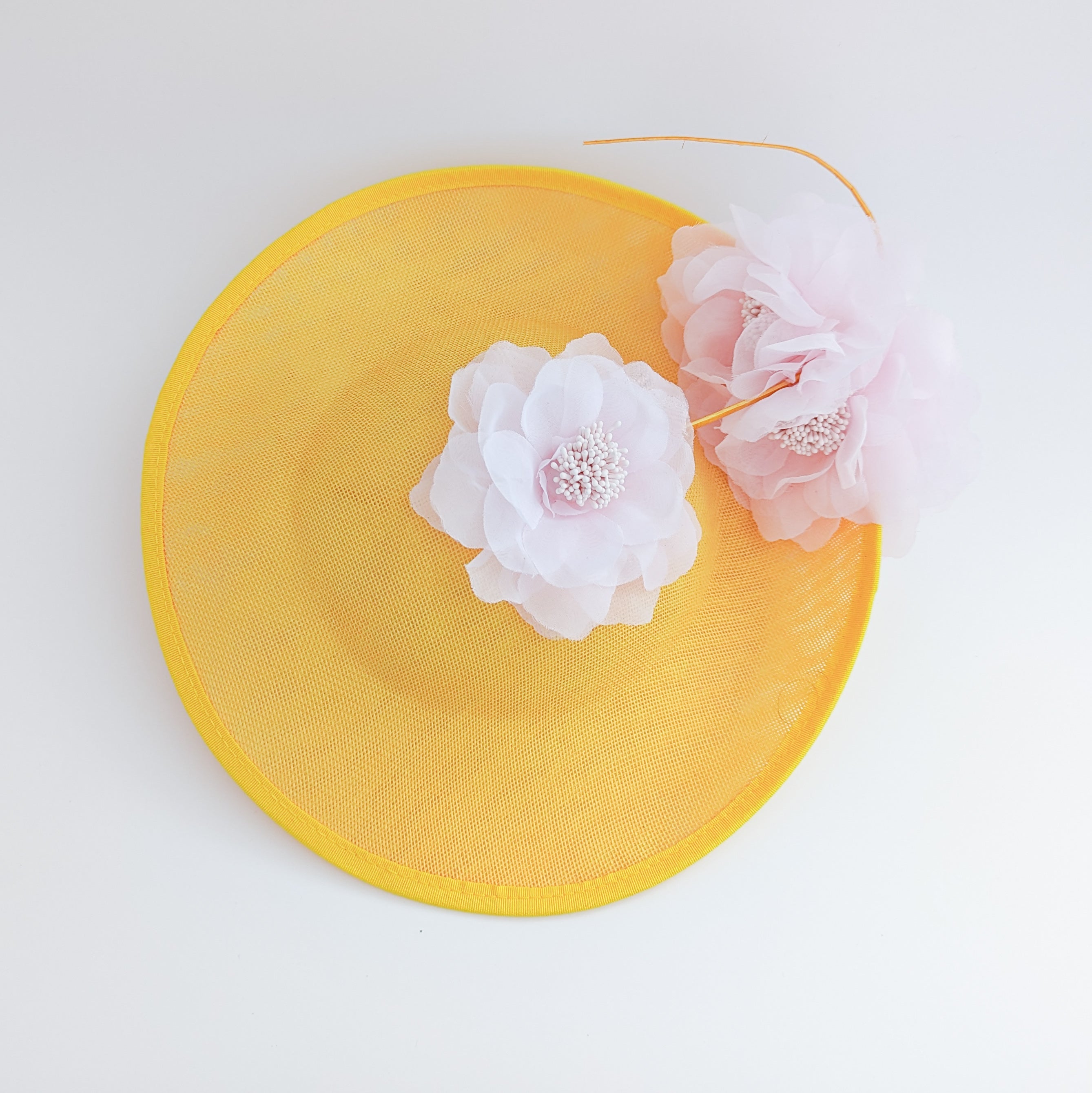 Yellow and pink large flower saucer disc fascinator hat