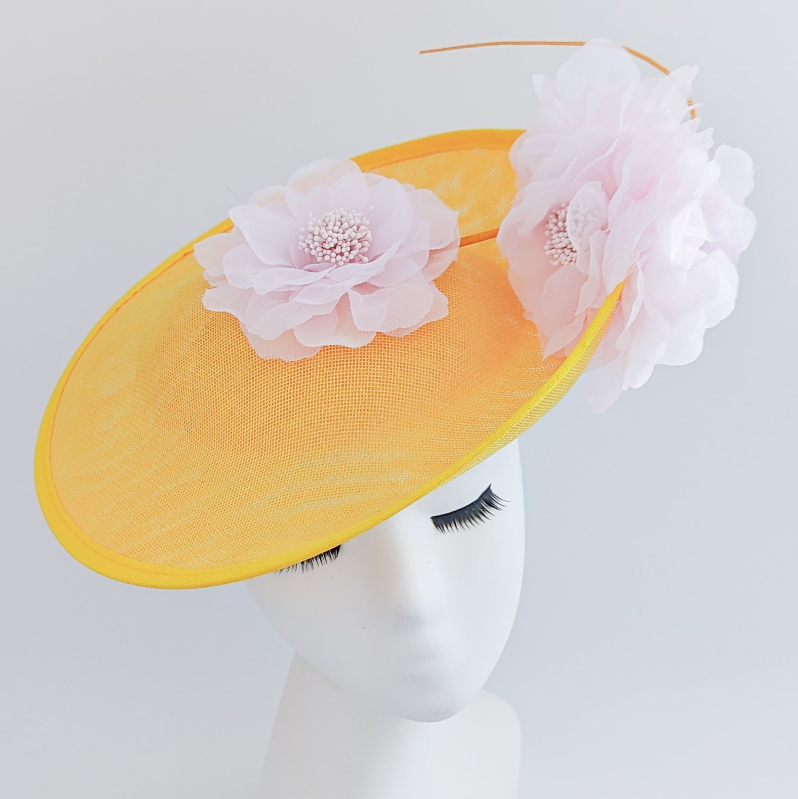 Yellow and pink large flower saucer disc fascinator hat