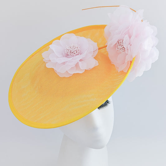 Yellow and pink large flower saucer disc fascinator hat